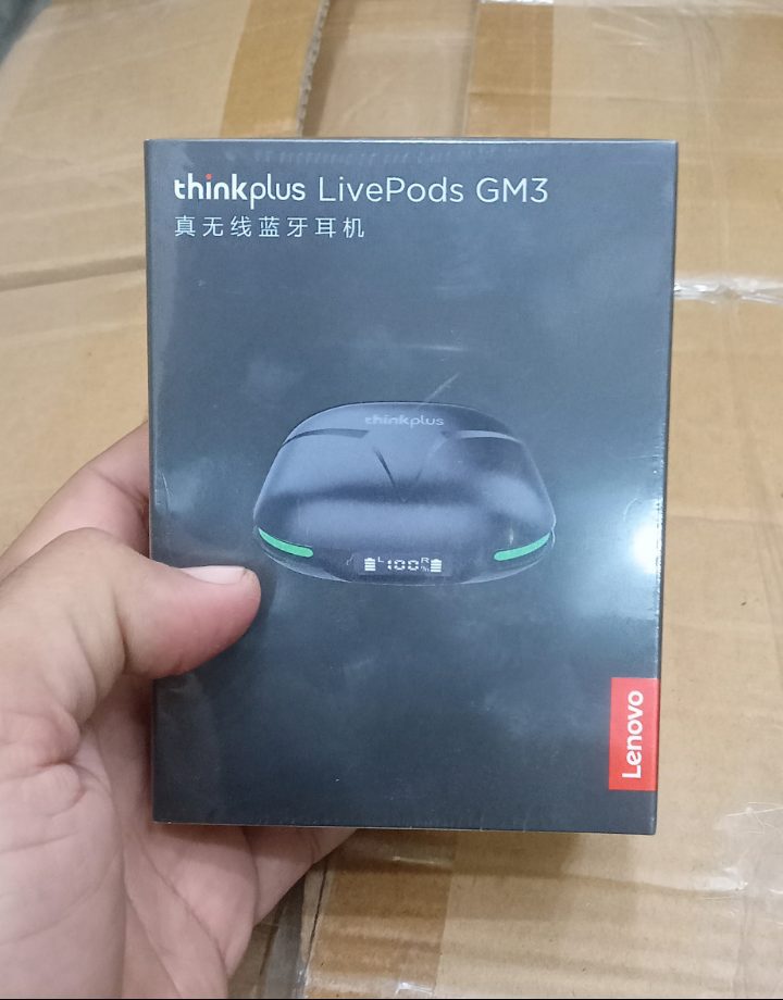 Lenovo Thinkplus LivePods GM3 retail box front view stock at M F Chargers