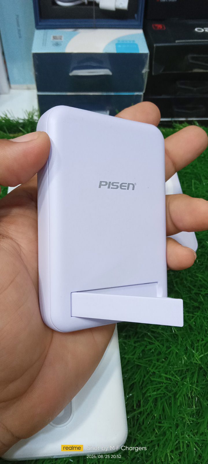 ​White Yoobao magnetic power bank with foldable kickstand open M F Chargers