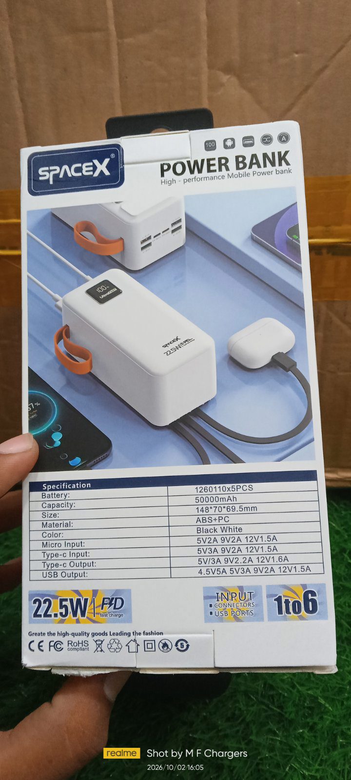 Original mobile accessories and charging equipment box view - M F Chargers