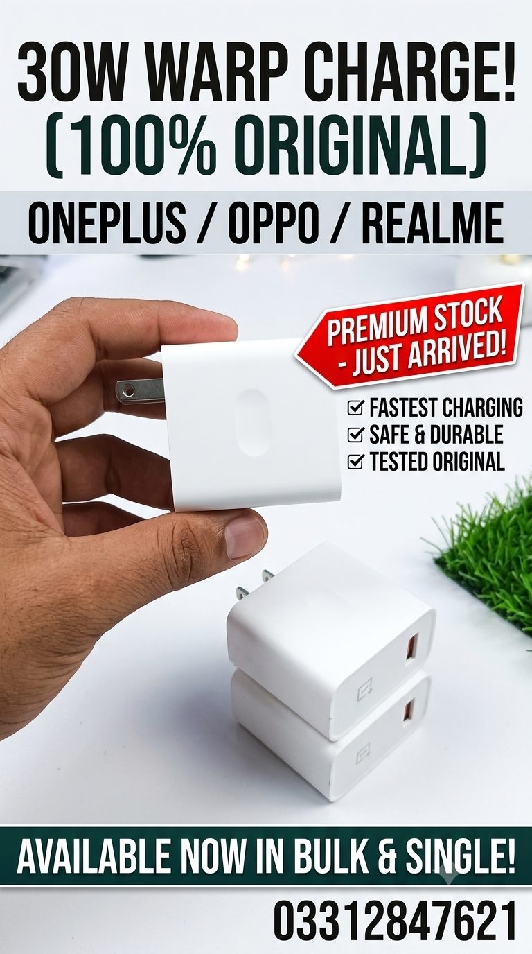 Original OnePlus 30W Warp Charger premium stock available at M F Chargers Karachi.
