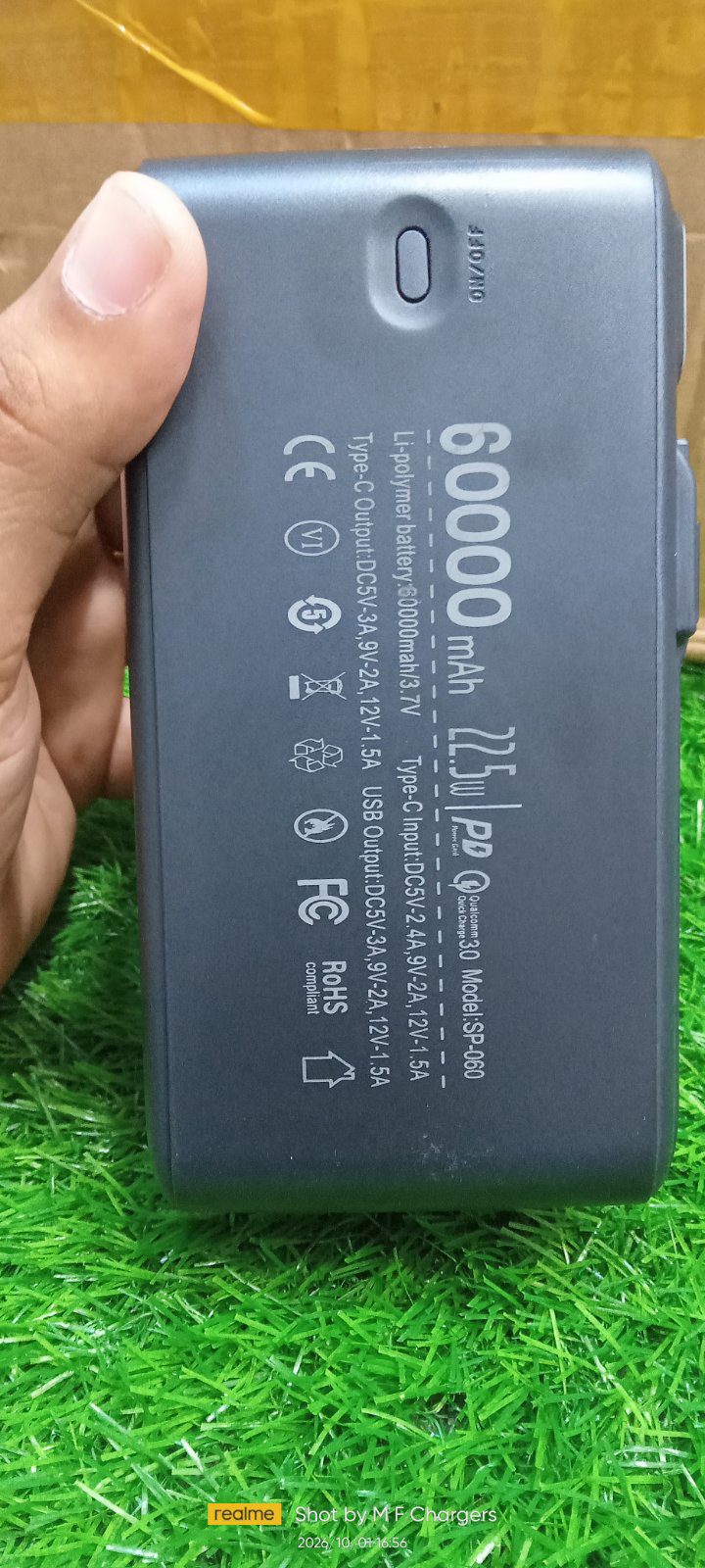 SpaceX 60000mAh Power Bank back specs and capacity label - M F Chargers