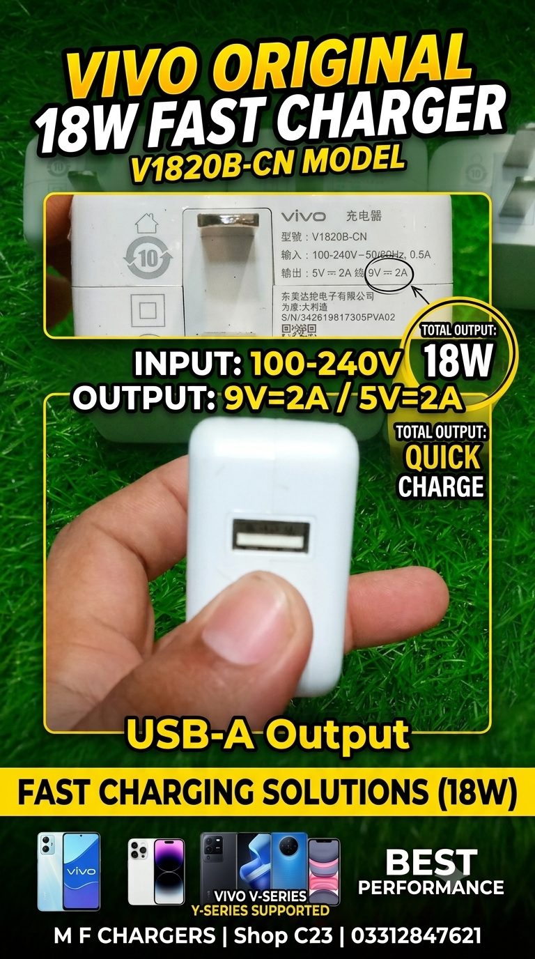Vivo Original 18W Fast Charger with 9V-2A output on-screen thumbnail specs by M F Chargers