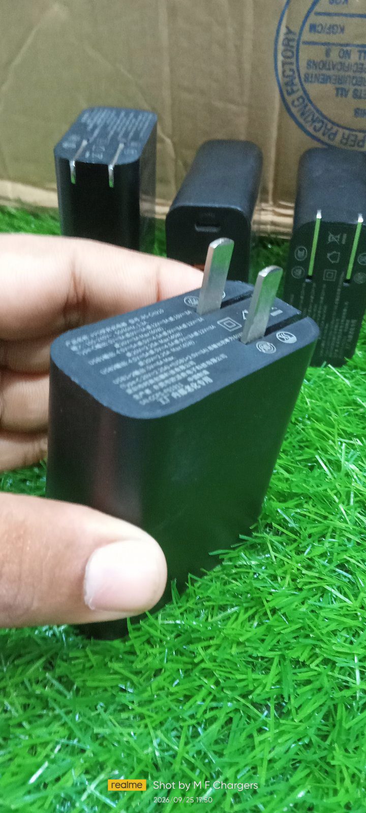 Baseus 60W fast charger plug pins and back technical details view - M F Chargers