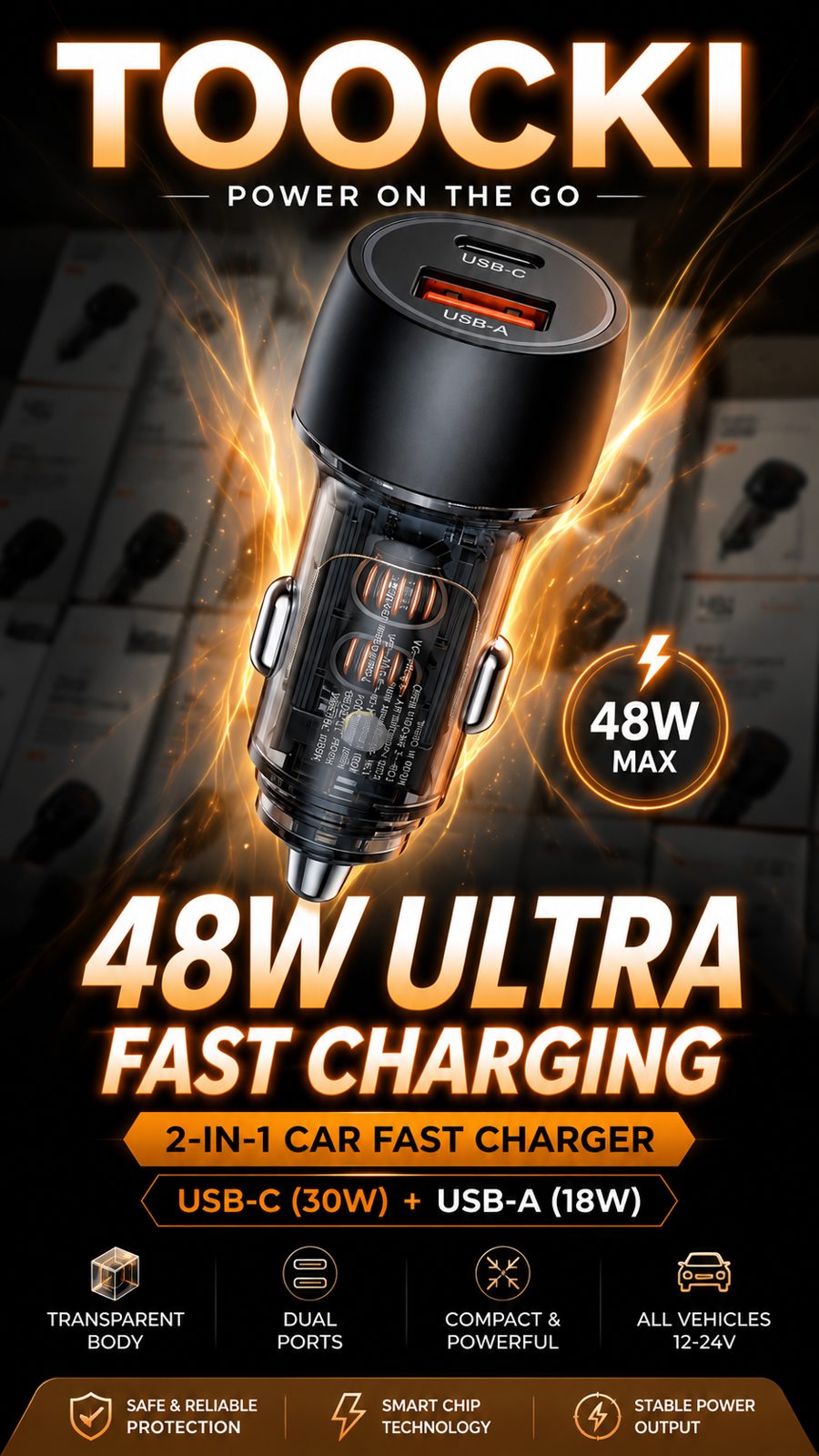 Toocki 48W Ultra Fast Transparent Car Charger Poster - M F Chargers