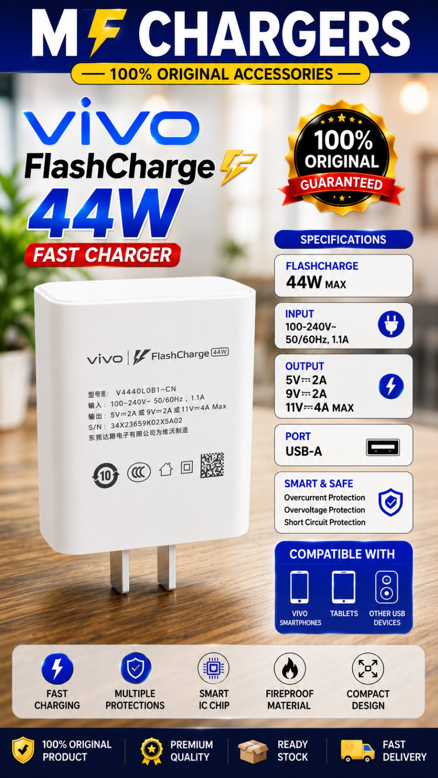 Vivo 44W Original Fast Charger Price in Pakistan | M F Chargers