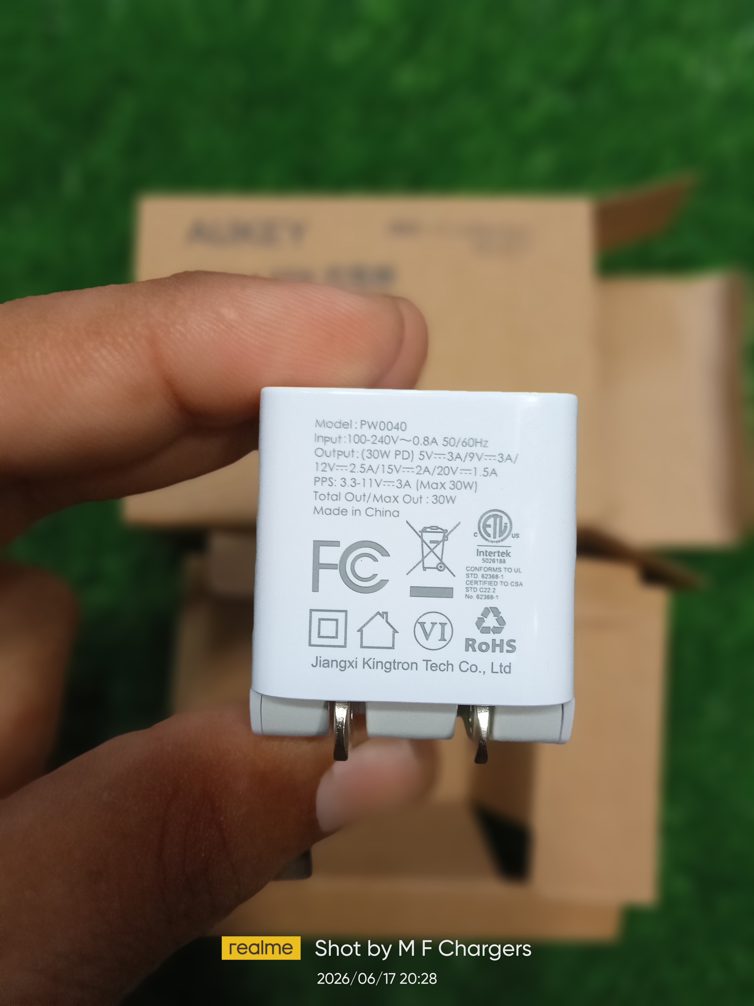 Aukey 30W Minima Specifications and FCC CE RoHS Certified Factory Label Details