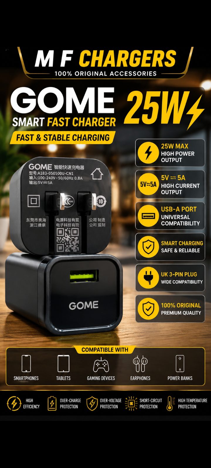 GOME 5V 5A Fast Charger Features Banner M F Chargers