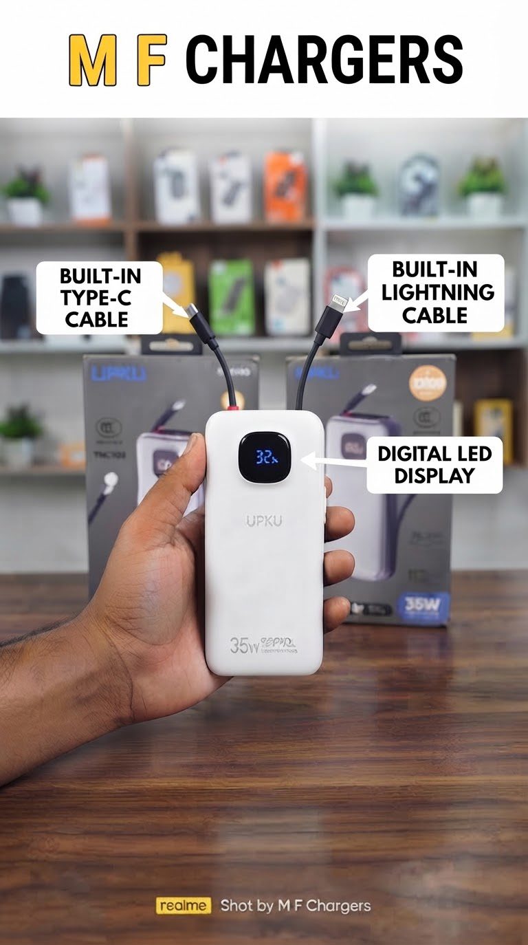 UPKU 35W 10000mAh Fast Charging Power Bank with Built-in Cables