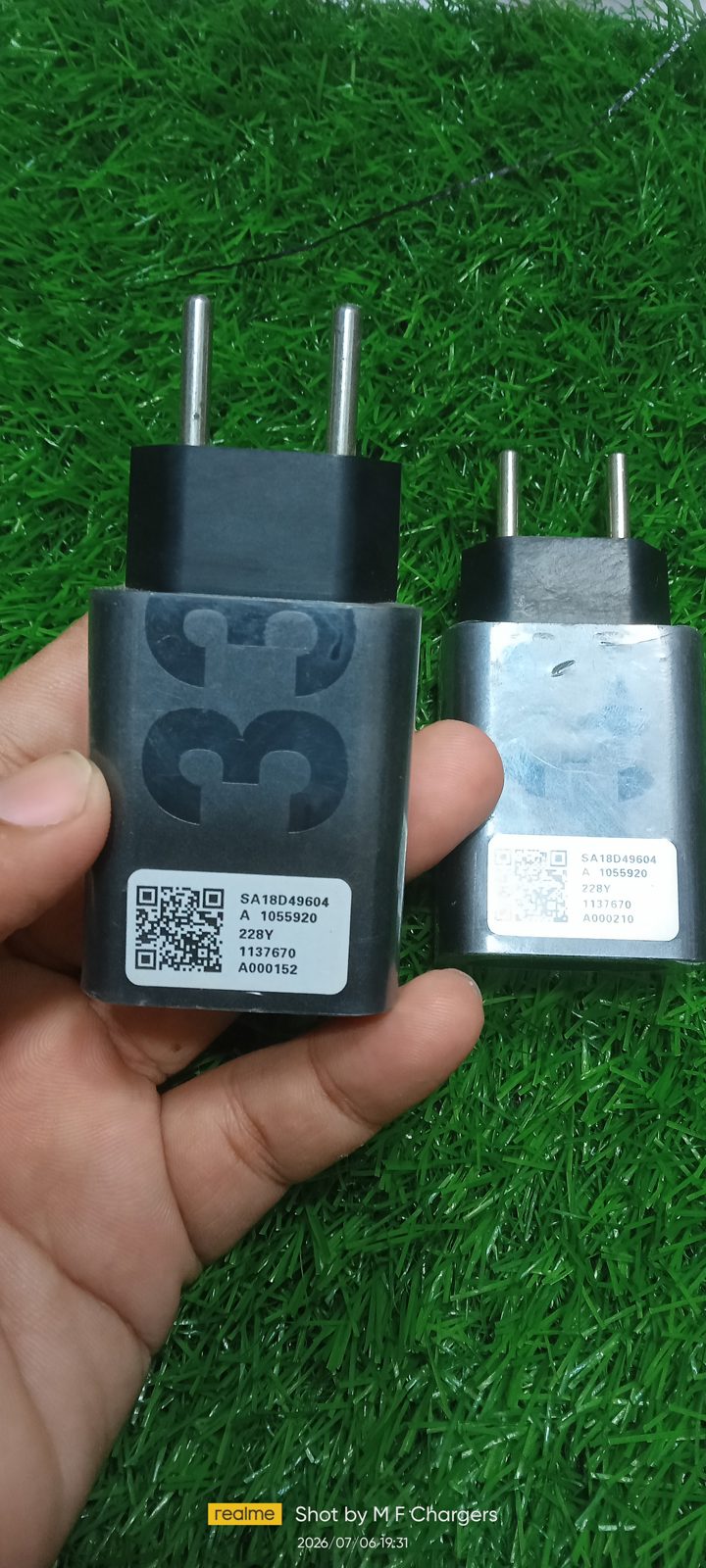 Two Motorola 33W TurboPower original charging adapters showing QR code stickers by M F Chargers