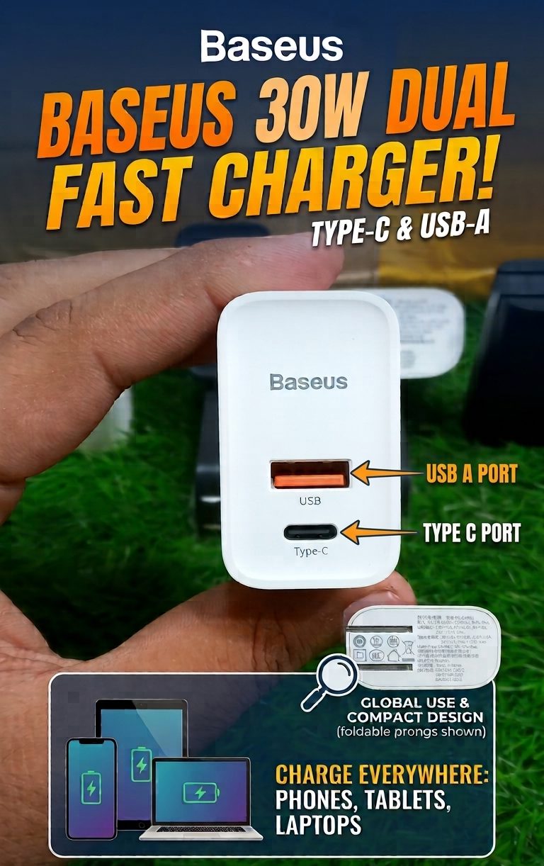 Original Baseus 30W Dual Fast Charger with USB-C and USB-A ports available at M F Chargers, perfect for fast charging your devices.