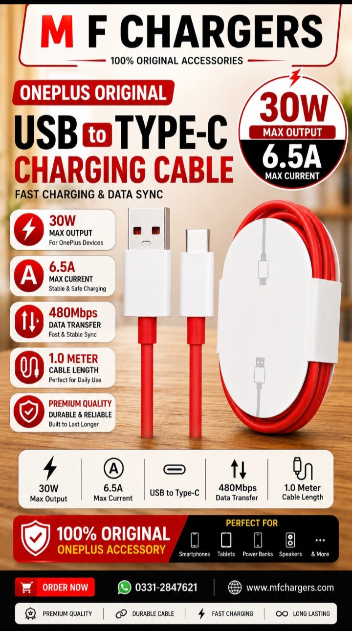 OnePlus Original USB to Type-C 30W 6.5A Fast Charging Cable Banner - M F Chargers
