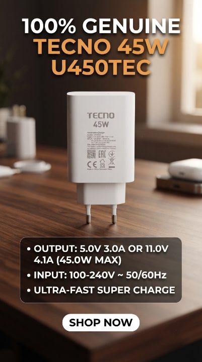M F Chargers - 100% Original Tecno 45W Fast Charger front view on wooden table