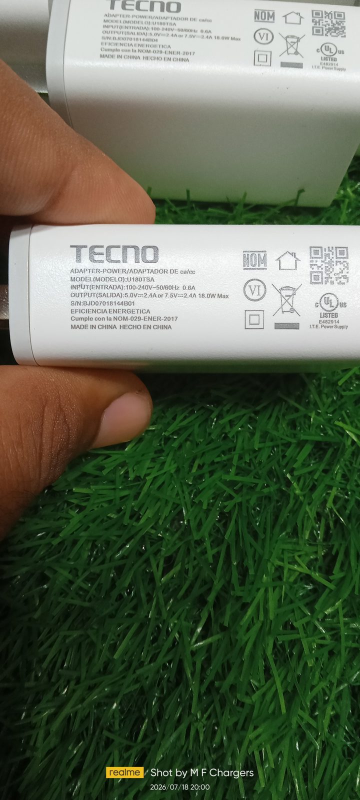 ​Original Tecno 18W adapter model U180TSA model specifications view - M F Chargers