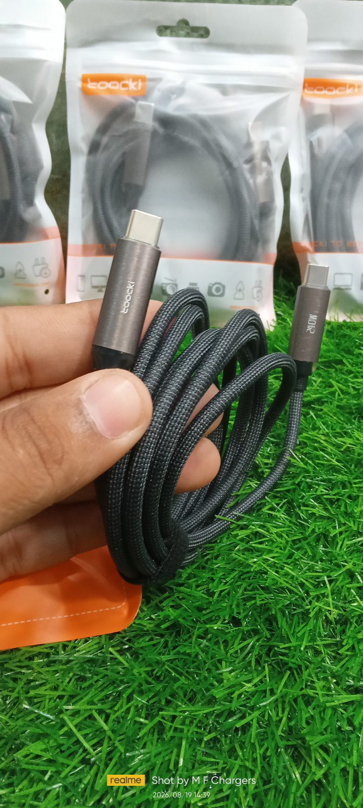 Toocki 240W 2M Braided Cable coiled and connectors aligned - M F Chargers