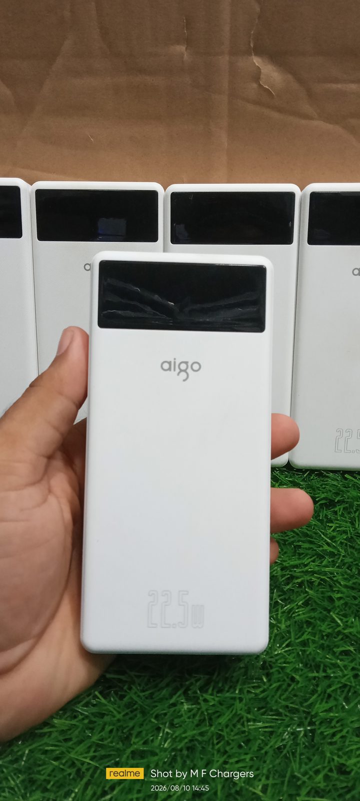 Aigo white power bank front view logo display M F Chargers
