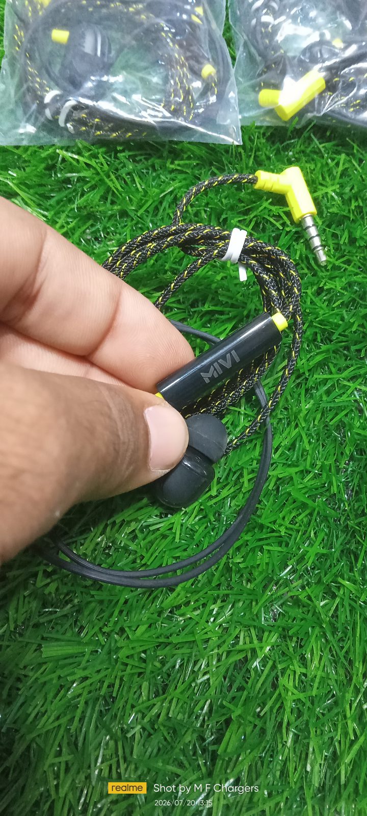 VIP MIVI Braided Earphones inline microphone module close up shot on M F Chargers
