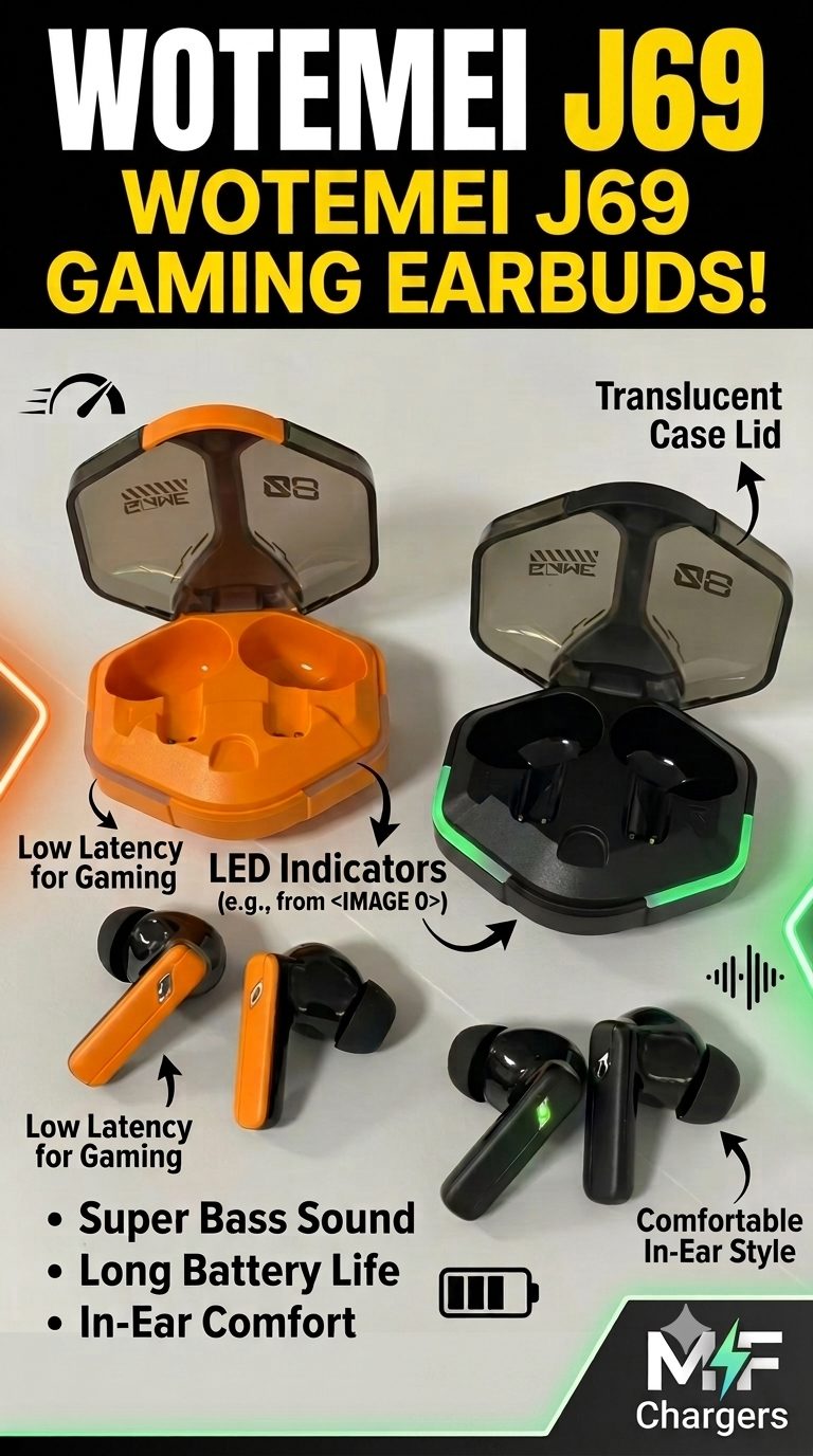 Wotemei J69 orange and black gaming earbuds open case view at M F Chargers