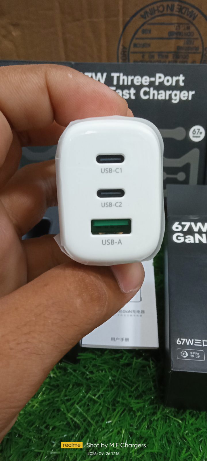 IFCAT 67W charger 3 ports close up view USB-C and USB-A - M F Chargers