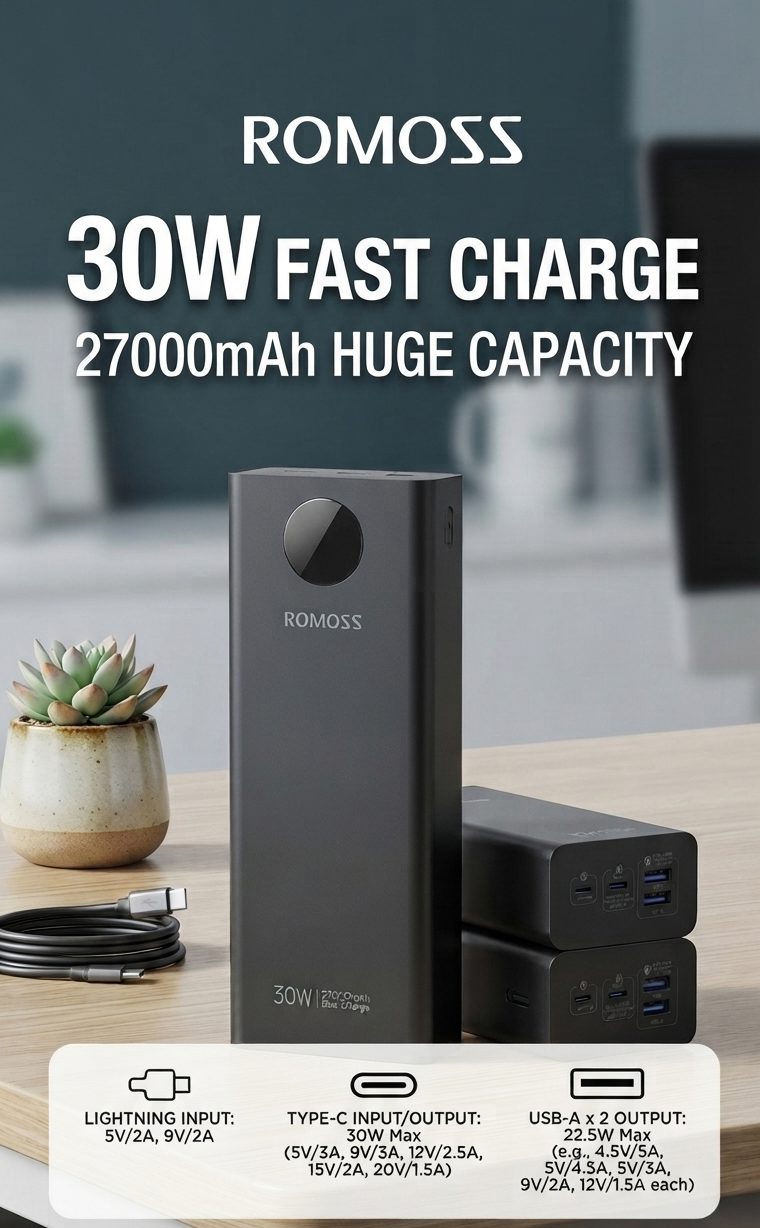 ROMOSS 30W Fast Charging 27000mAh Power Bank | M F Chargers