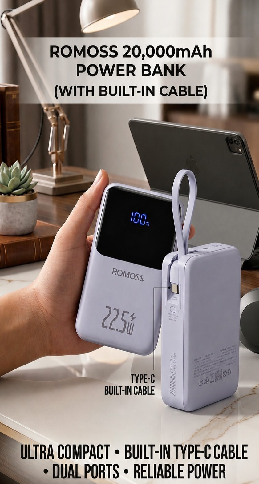 ROMOSS 20000mAh power bank with built in Type C cable available at M F Chargers