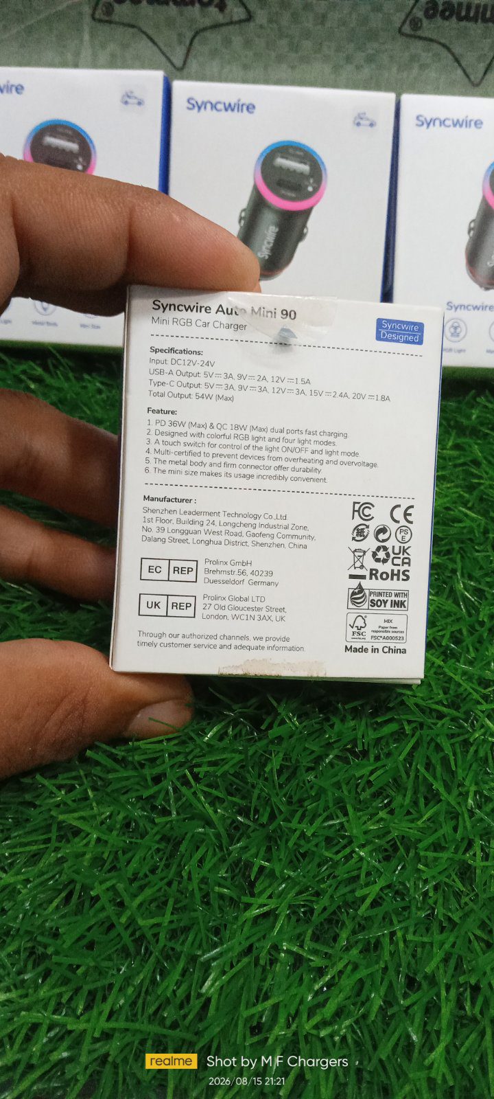 Syncwire car charger box back side details and specifications - M F Chargers