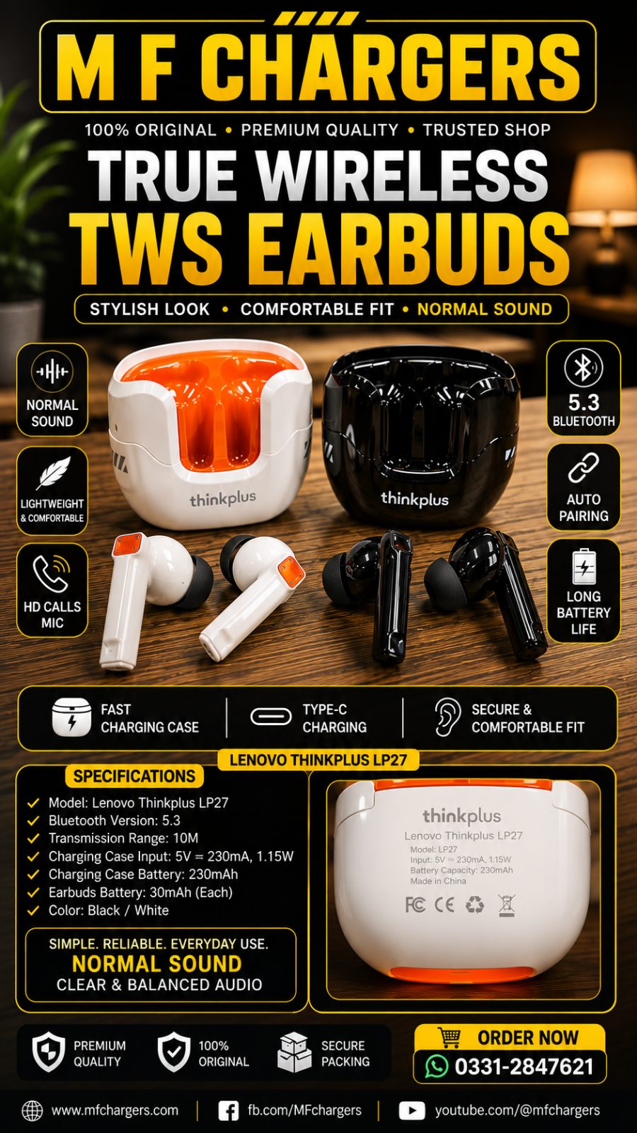 Lenovo Thinkplus LP27 TWS Earbuds specification poster M F Chargers