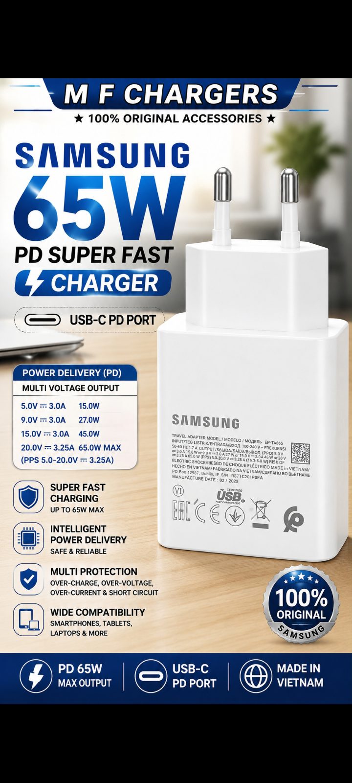 Samsung 65W Original Super Fast Charger thumbnail with specifications - M F Chargers