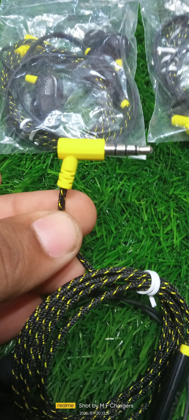 VIP MIVI Braided Earphones yellow L-shaped 3.5mm jack close up view at M F Chargers
