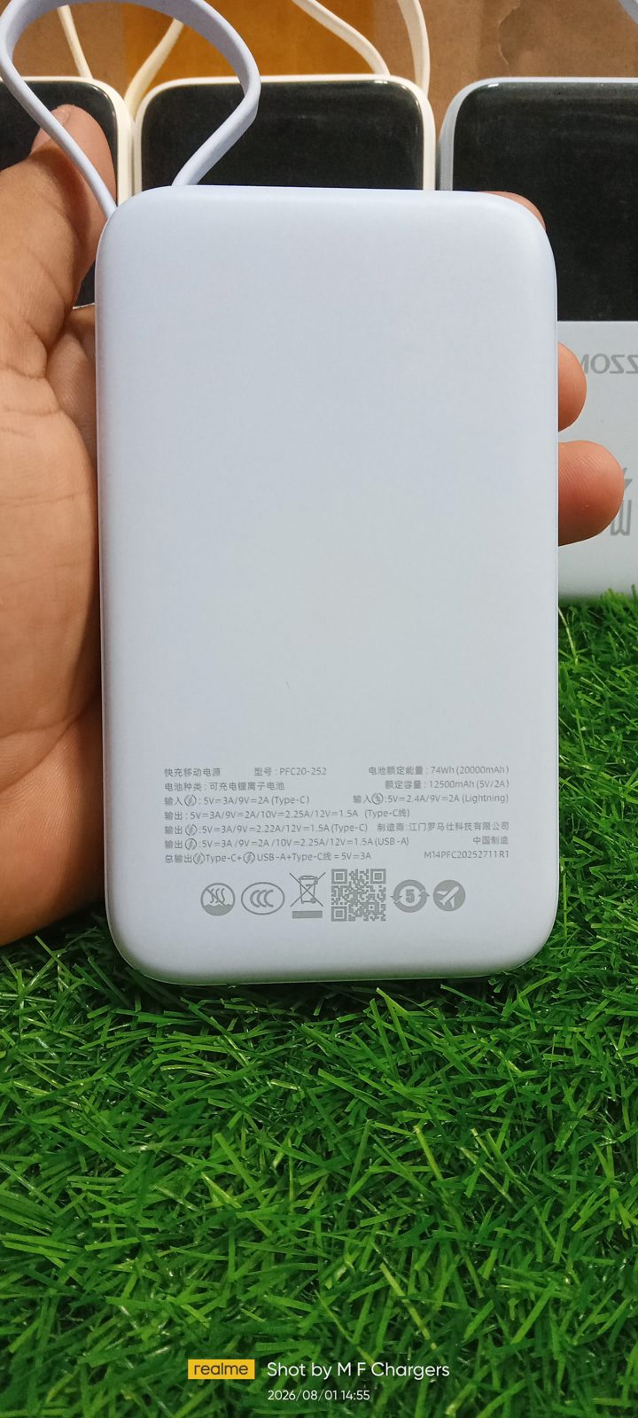 ROMOSS 20000mAh power bank input output voltage specifications at M F Chargers