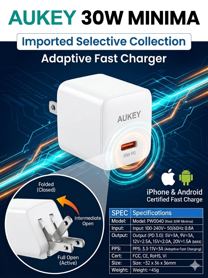 Original Aukey 30W Minima Adaptive Fast Charger (PW0040) Imported Collection