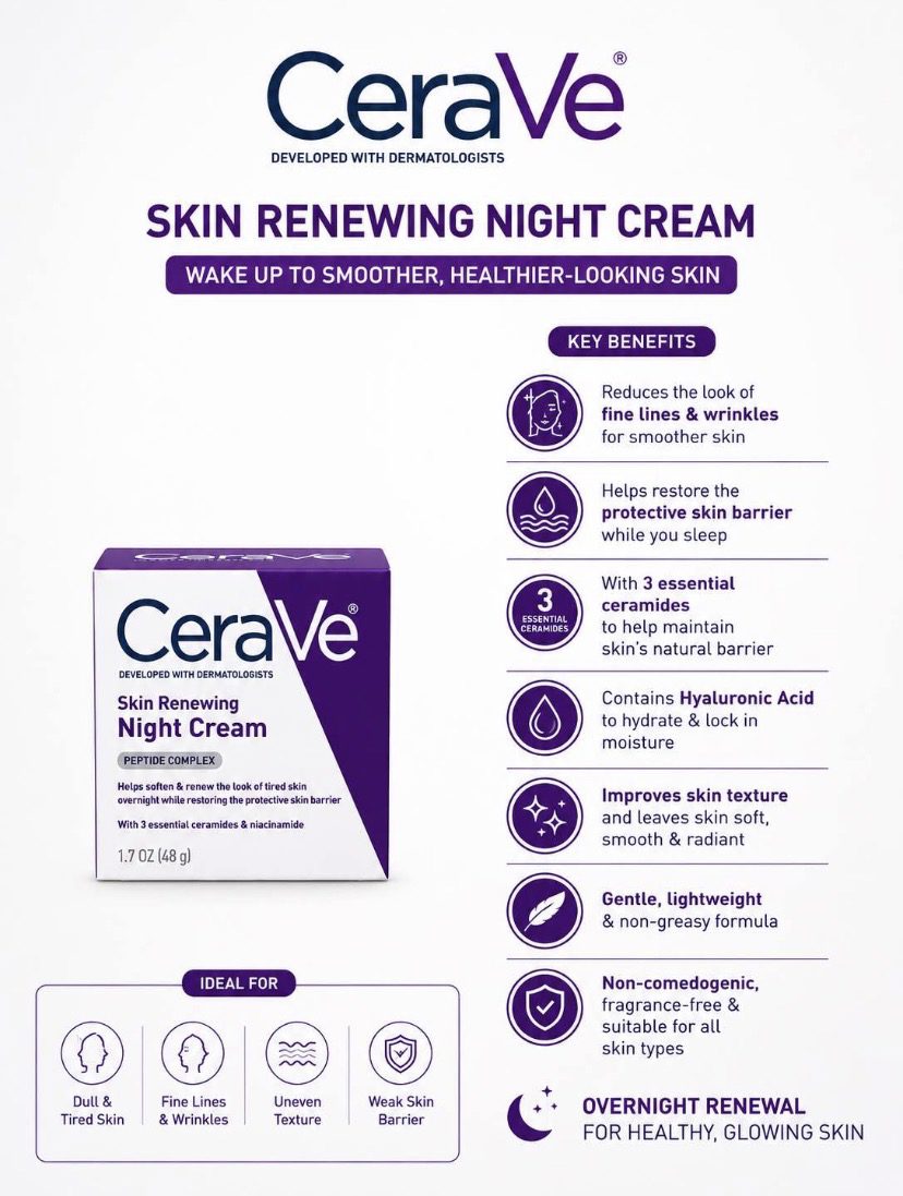 CeraVe Skin Renewing Night Cream 48g | Peptide Complex | 3 Essential Ceramides & Niacinamide | Moisturizing Face Cream