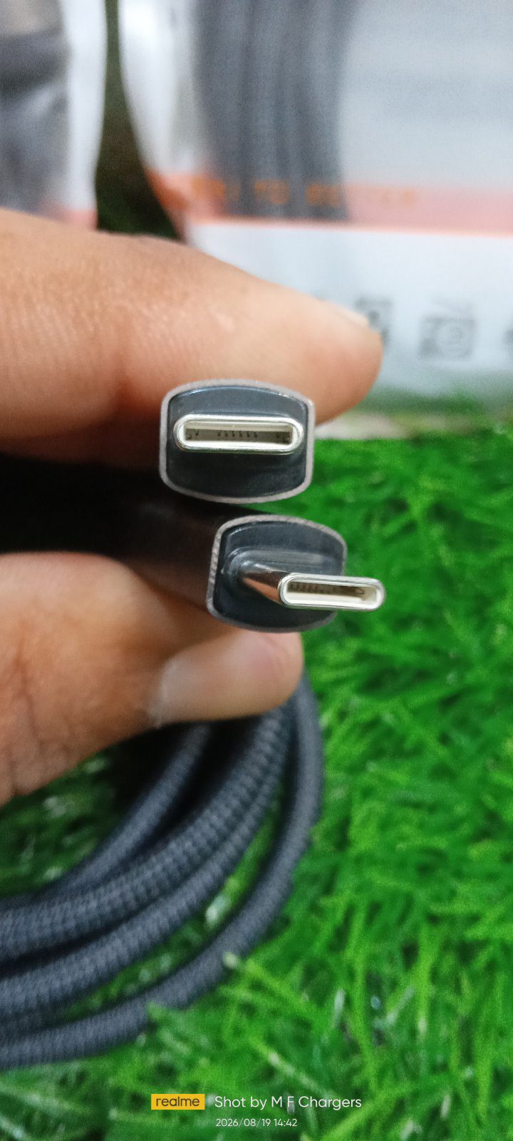 Dual Type-C connectors of Toocki 240W cable showing brand and wattage - M F Chargers