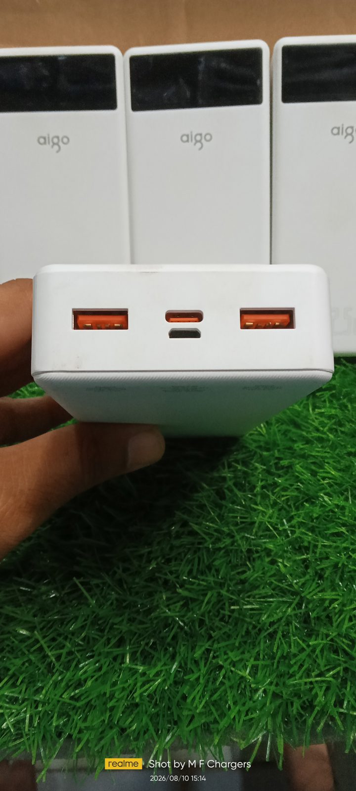 Aigo power bank top ports USB-A and Type-C output view M F Chargers