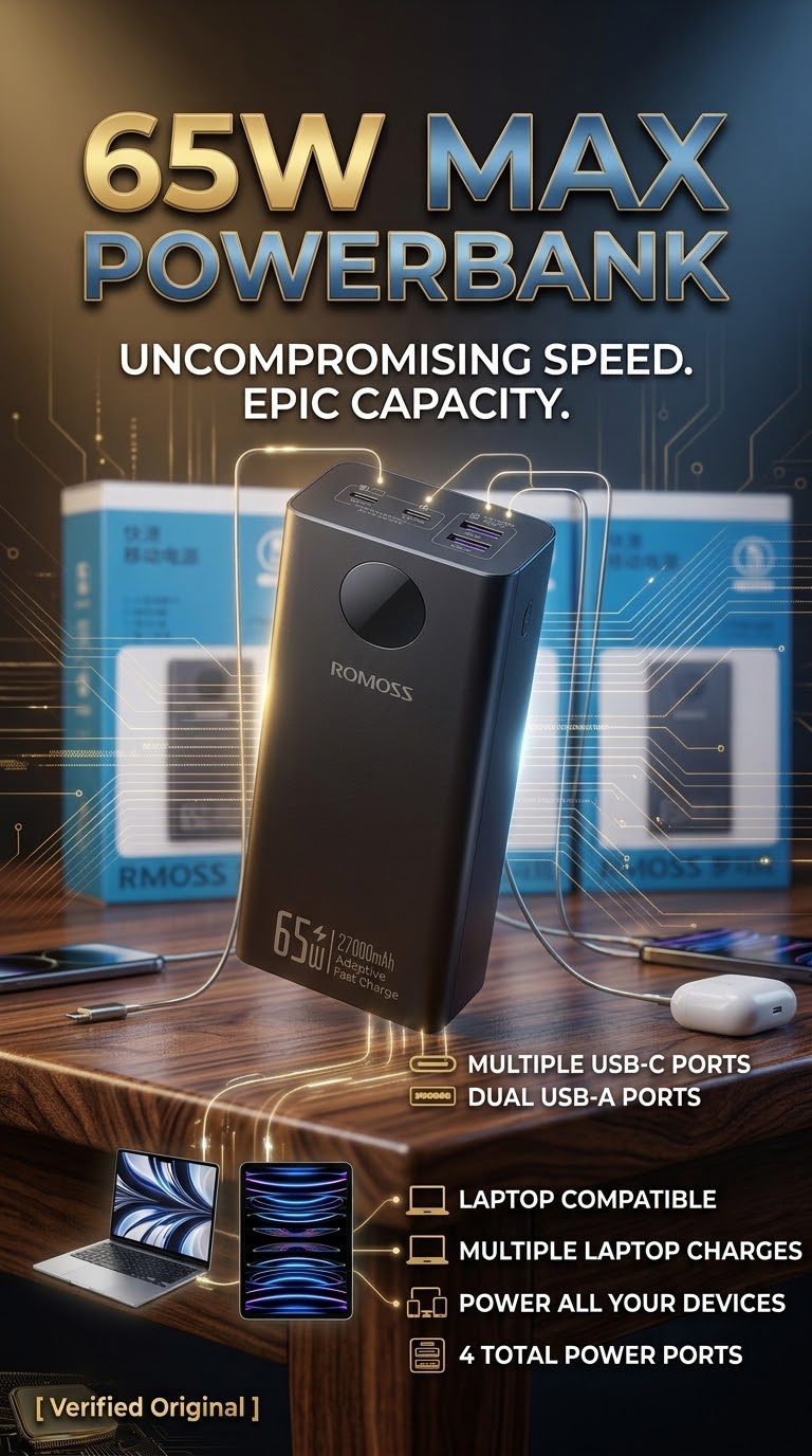 Romoss 65W 27000mAh Power Bank Front View with Box - M F Chargers