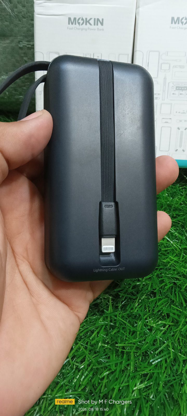 MOKIN Power Bank built-in cable connection view - M F Chargers