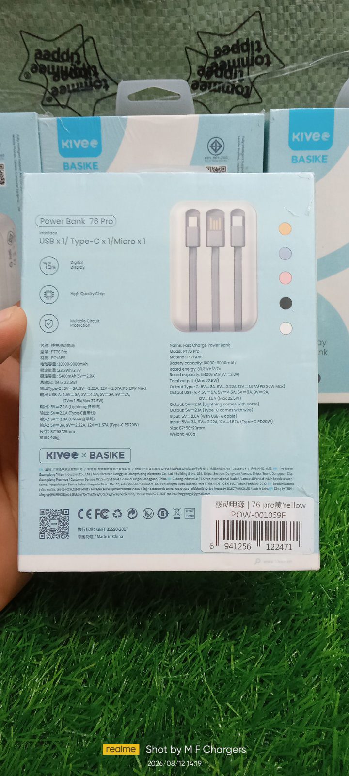 KIVEE PT76 Pro Back Specifications Label M F Chargers
