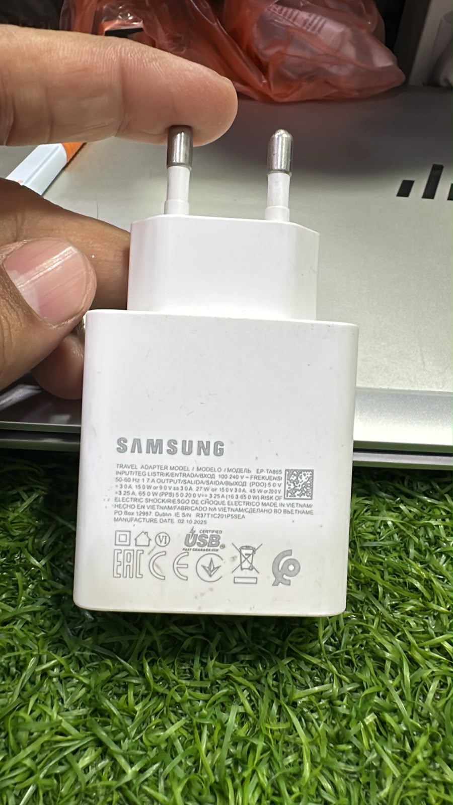 Samsung 65W original travel adapter backside specification label - M F Chargers
