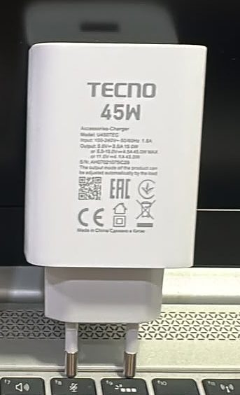M F Chargers - Tecno 45W U450TEC charger specifications and certification labels