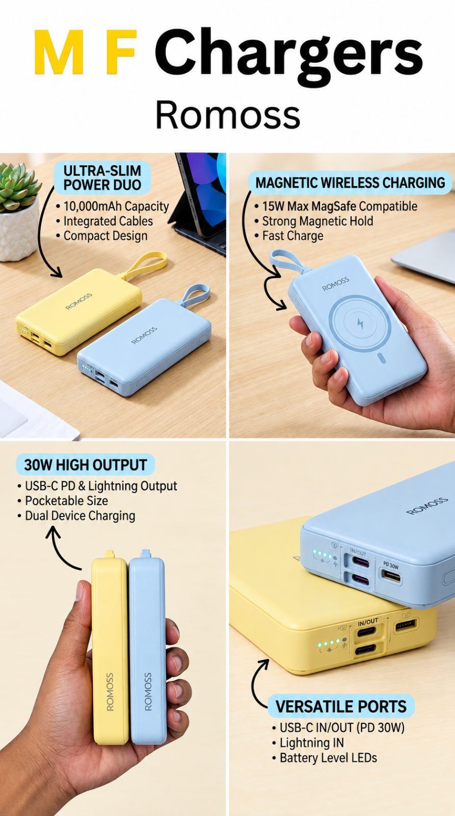 Romoss 30W wireless power bank banner and holding view - M F Chargers