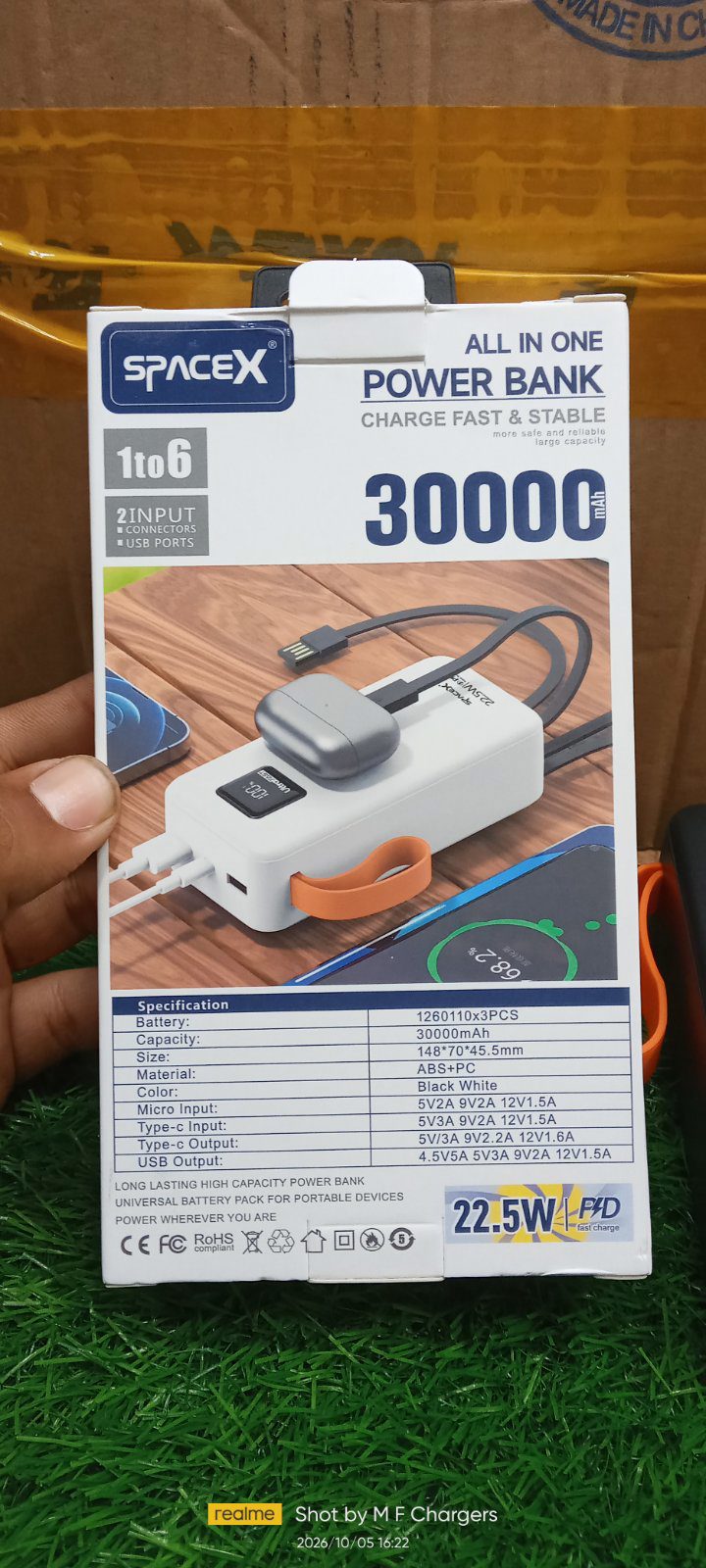 SpaceX All-in-One Power Bank Box Specifications Back View - M F Chargers