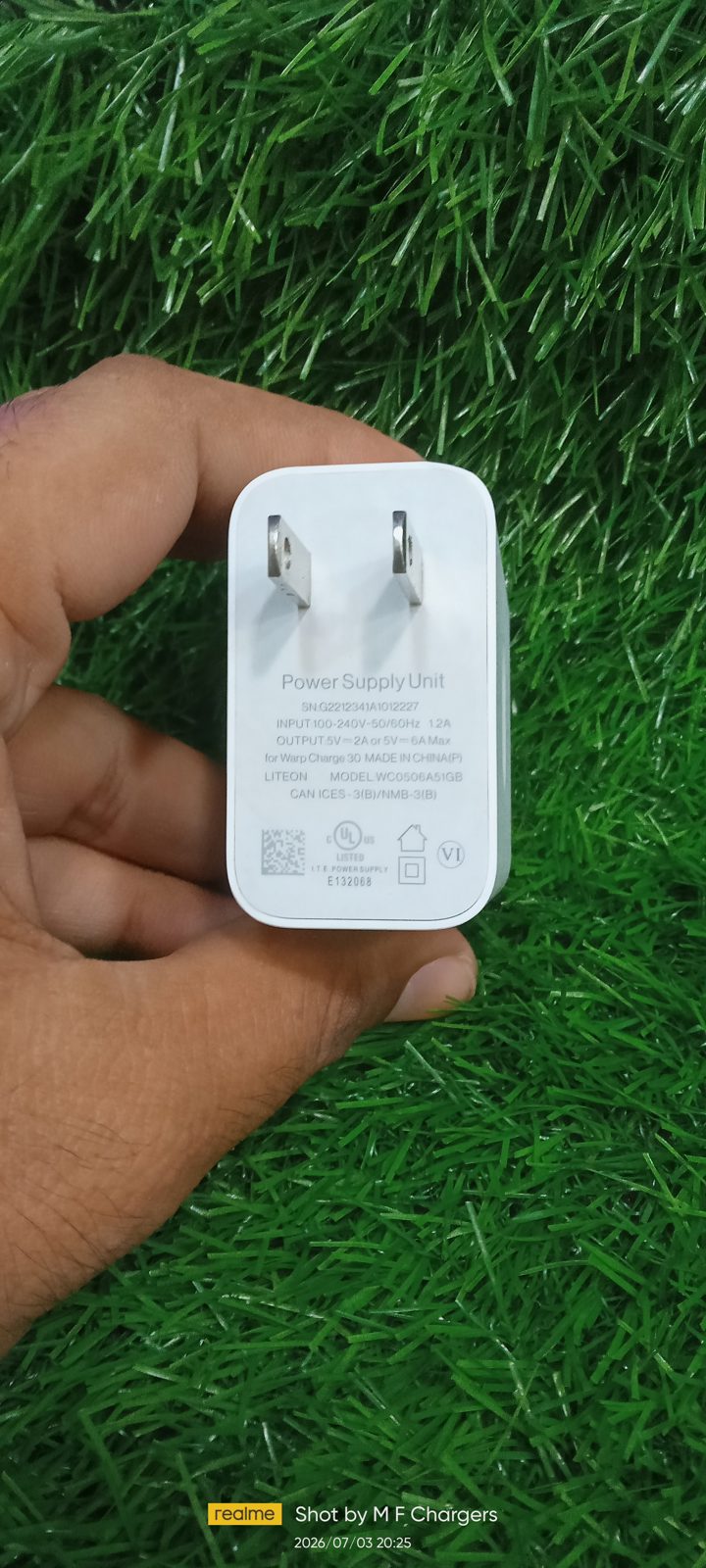 ​Original OnePlus 30W Warp Charger back side specifications panel stock at M F Chargers.