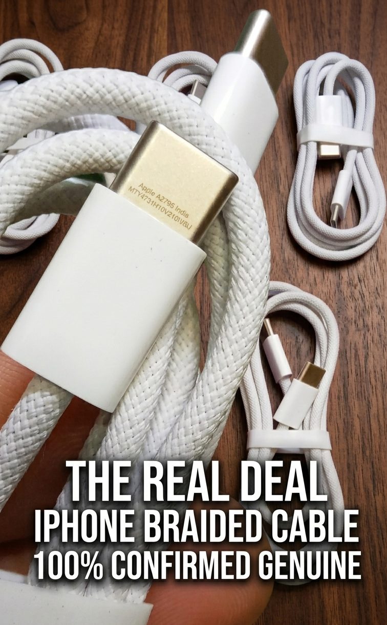Original Apple Braided Type-C to Type-C Cable in white with detailed texture, featuring high durability woven design at M F Chargers.