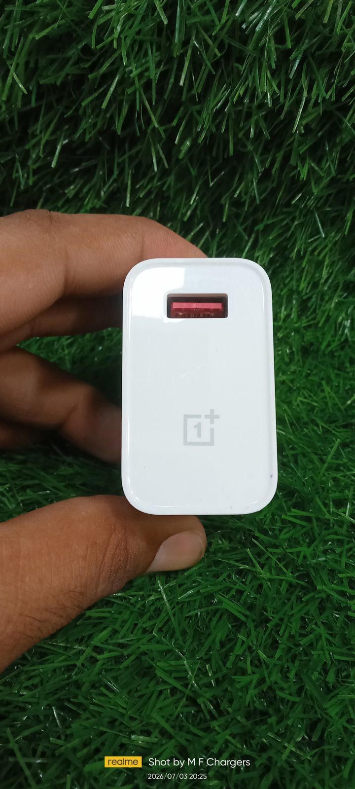 Genuine OnePlus 30W charger adapter with red USB port top view by M F Chargers.