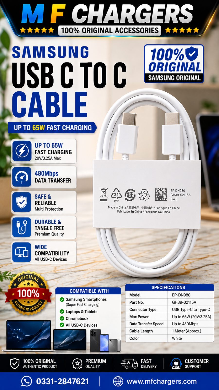 Samsung 65W USB C to C Cable Original | M F Chargers