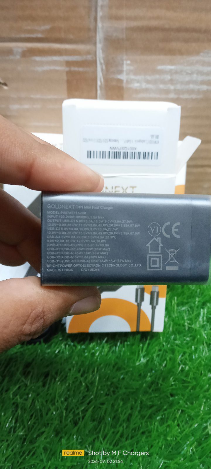 GOLDNEXT 67W GaN charger specifications and technical details label - M F Chargers