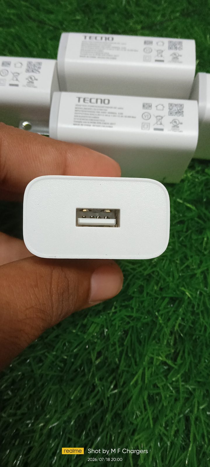 Original Tecno 18W charger adapter single USB port interface view on M F Chargers