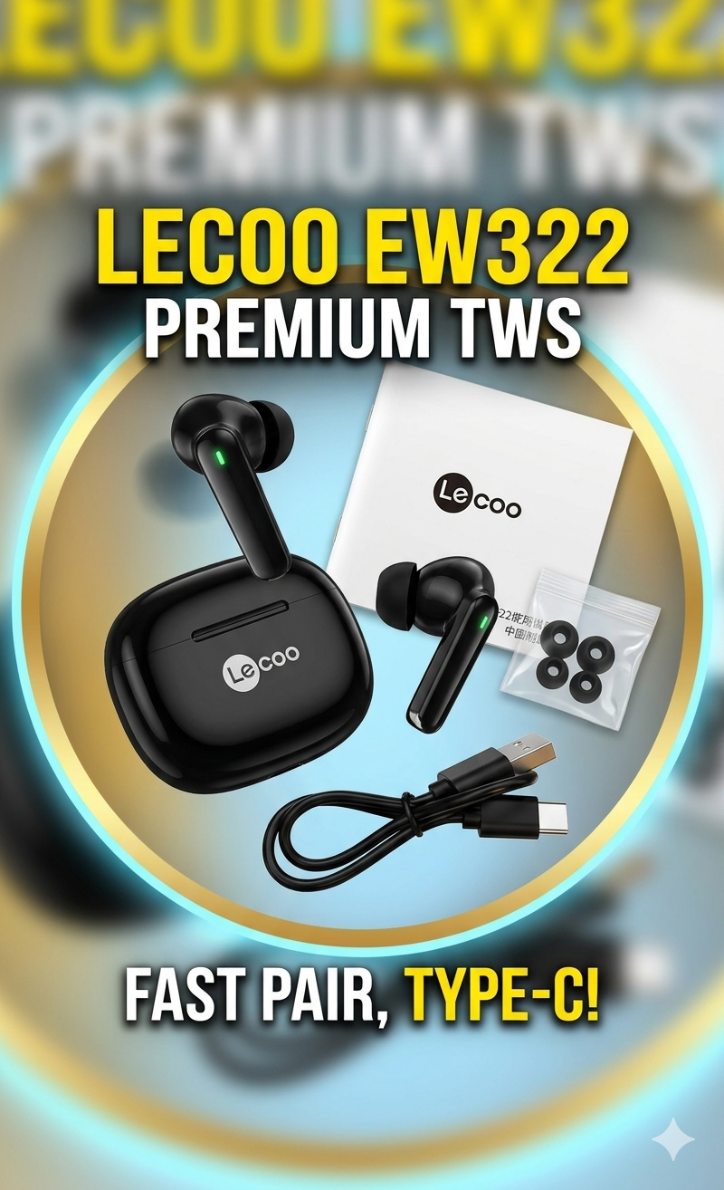 Original Lecoo EW322 Premium TWS Wireless Earbuds Imported Heavy Bass Edition
