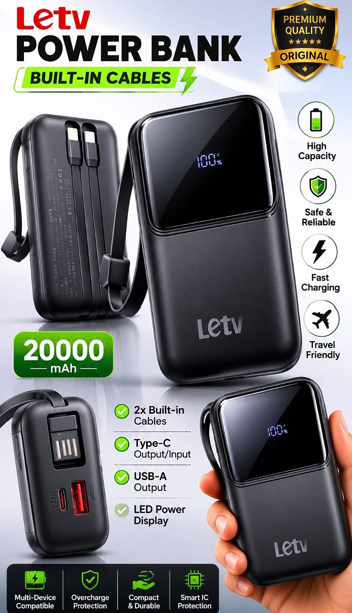 LETV 20000mAh Power Bank 22.5W Fast Charge displayed at M F Chargers Karachi