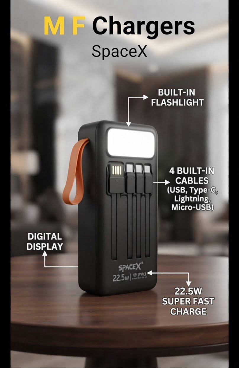 SpaceX 60000mAh Power Bank with built-in cables and flashlight features - M F Chargers
