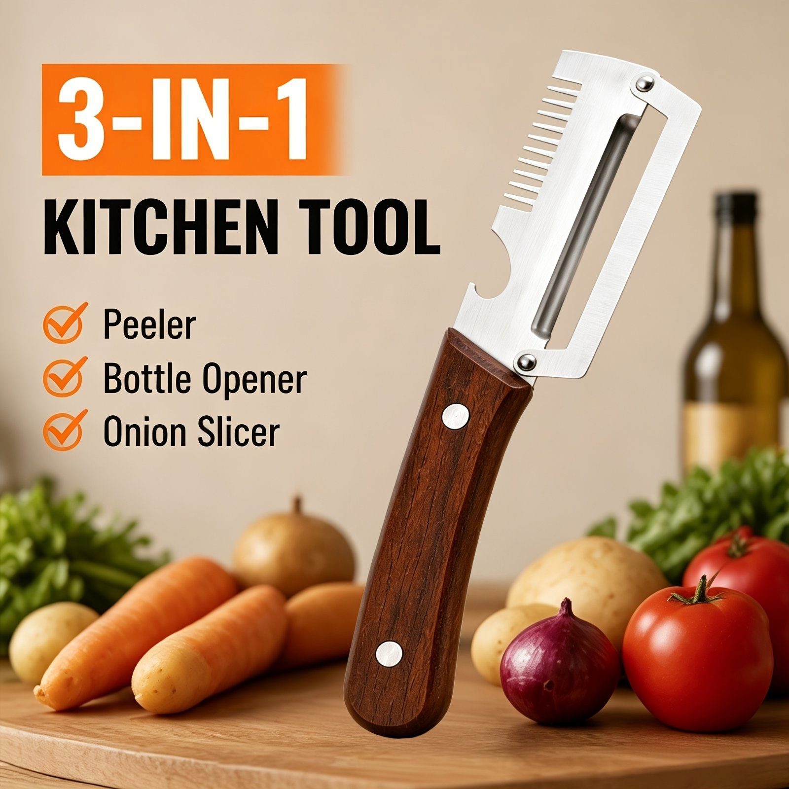 3-in-1 Wooden Handle Fruit Potato Peeler with Bottle Opener